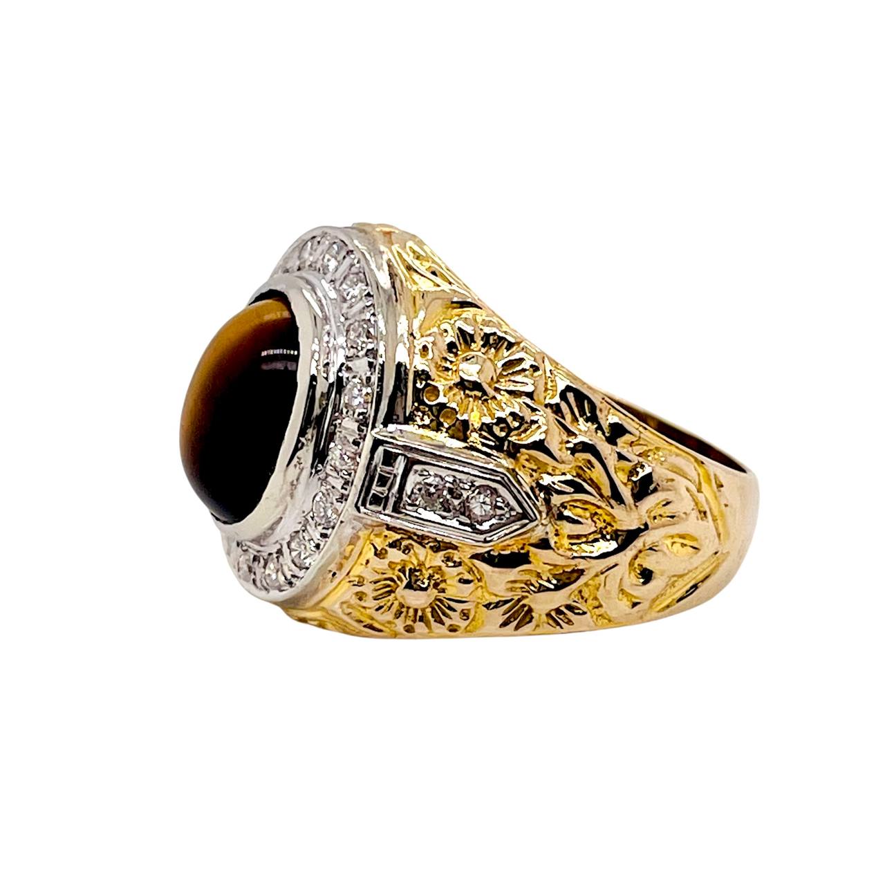 Vintage 14K Solid Yellow Gold Natural Diamond Tiger's Eye Mens Ring 16.3 Grams Size 10