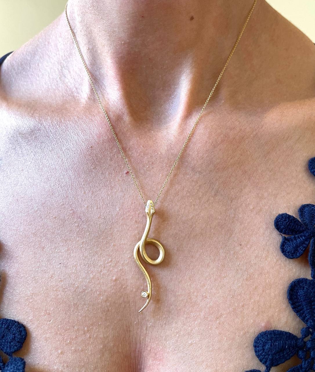 14K Solid Yellow Gold Natural Diamond Snake Pendant Necklace