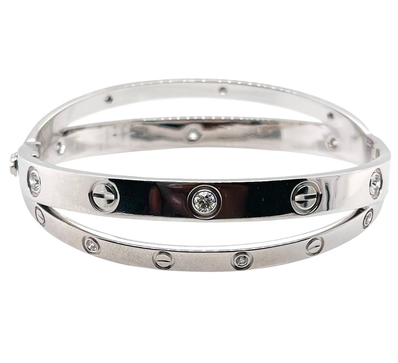 Cartier Double Love Bracelet 12 Diamonds 18k White Gold Size 17