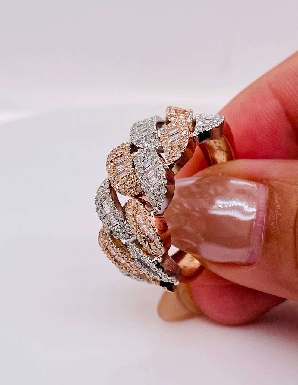 14K Solid Rose And White Gold 2 Ct Natural Round & Baguette Diamond Men's Ring