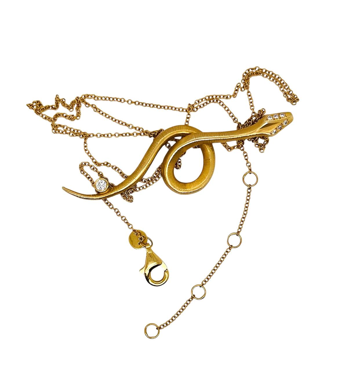 14K Solid Yellow Gold Natural Diamond Snake Pendant Necklace