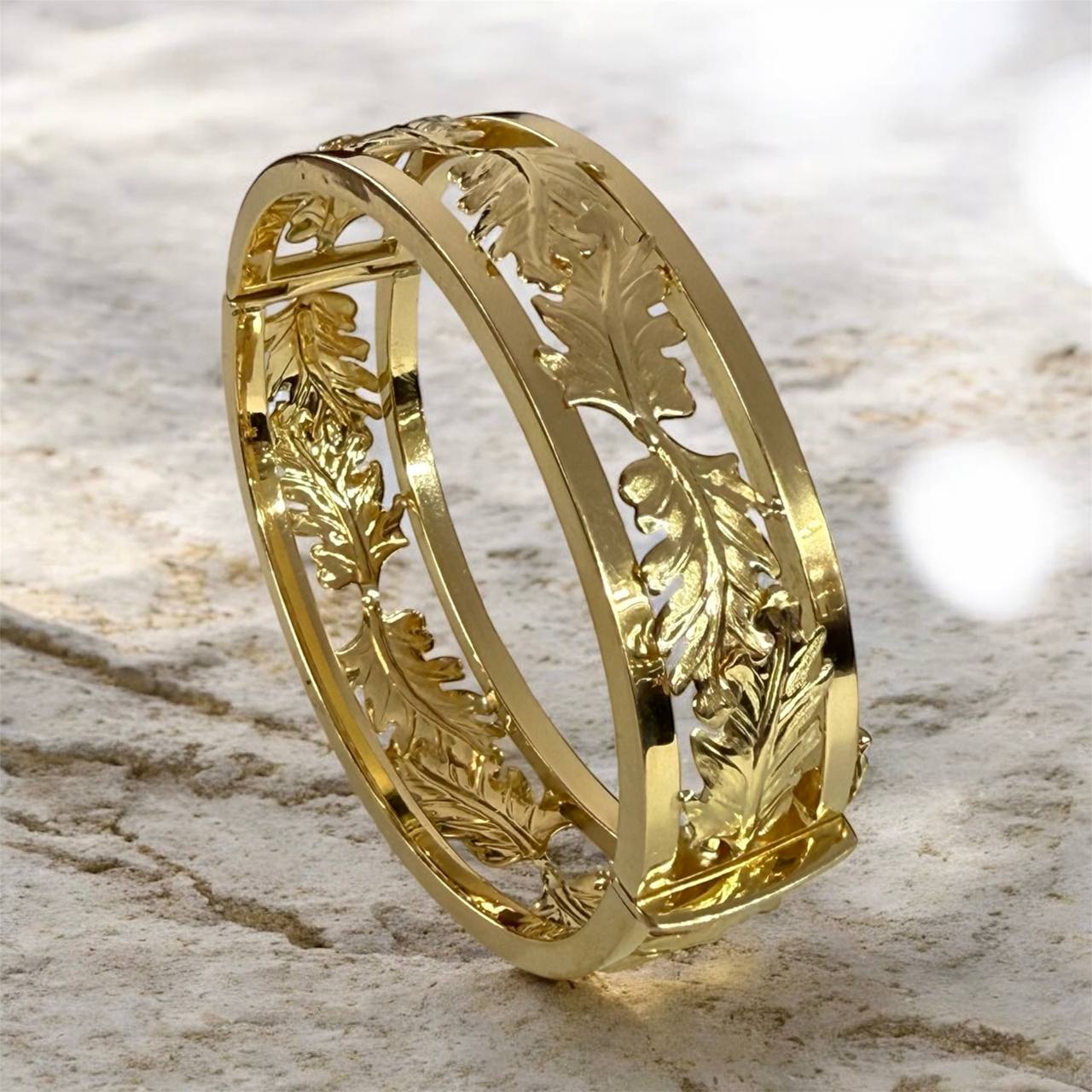 Vintage 18K Solid Yellow Gold Floral Wide Bangle Bracelet