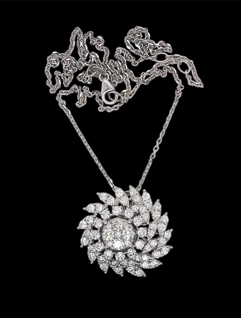 14k Solid White Gold Natural Diamond Round Spiral Pendant Necklace