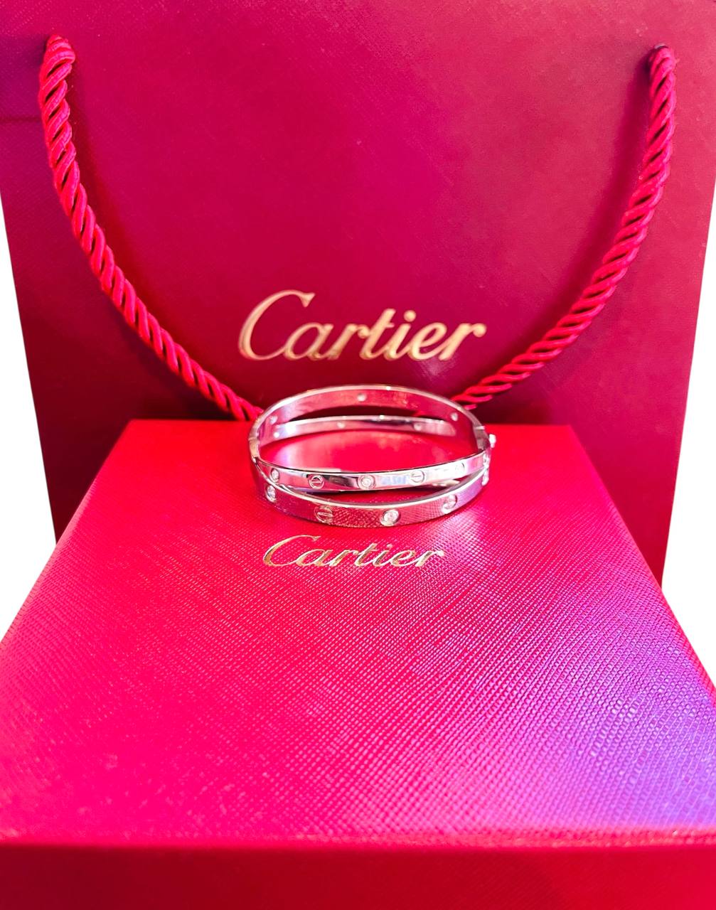 Cartier Double Love Bracelet 12 Diamonds 18k White Gold Size 17