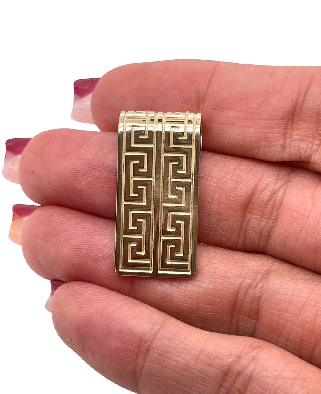 14K Solid Yellow Gold Greek Key Long Bar Pendant 10.7 Grams