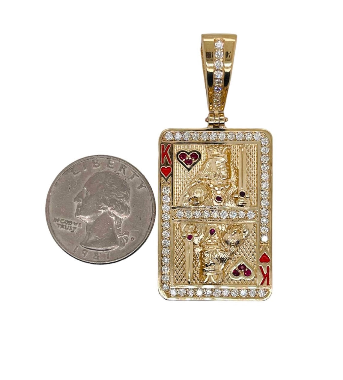 14K Solid Yellow Gold 1.58 Ct Diamond & Ruby King of Heart Playing Card Pendant