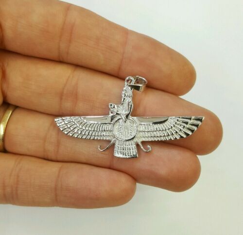 18k White gold Farvahar Ahura Mazda Zoroastrian Achaemenid pendant 2"