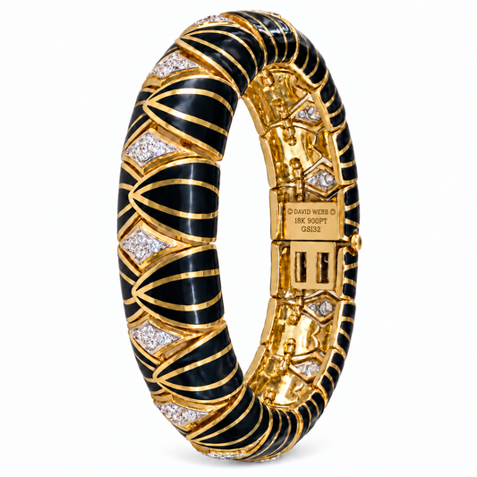 David Webb 18K Gold & 900 Platinum Diamond Black Enamel Bracelet