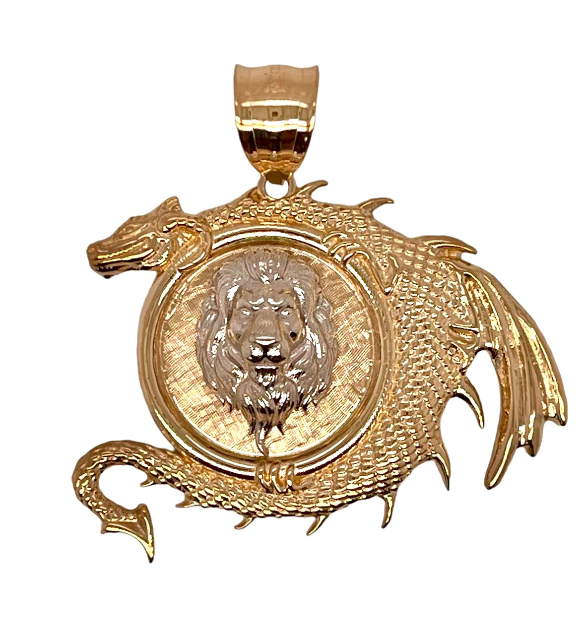 14K Solid Yellow And White Gold Dragon and Lion Mens Pendant 12 Grams