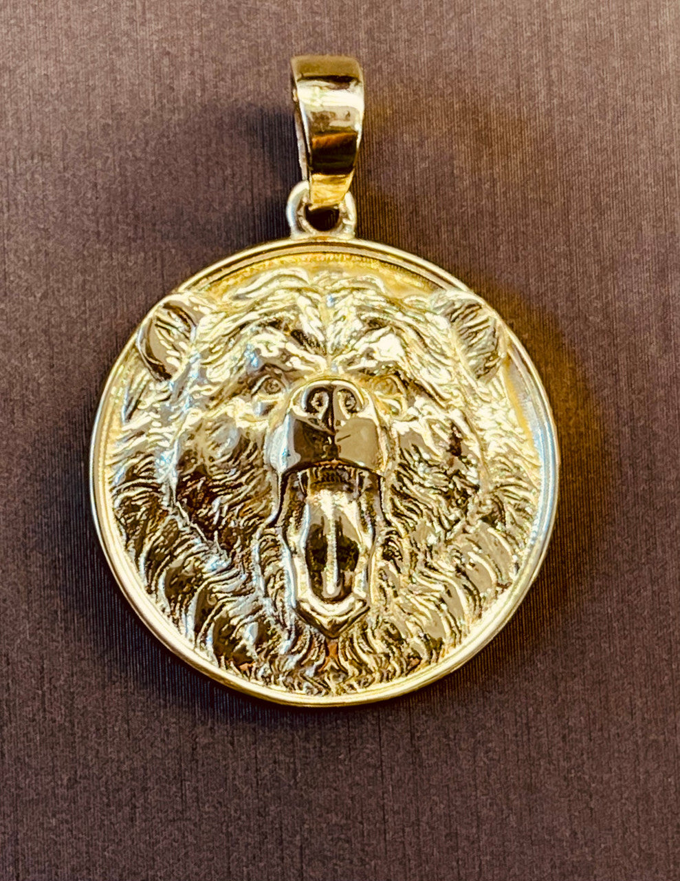 14K Solid Yellow Gold Bear Head Face Pendant Charm Medallion 13.6 Grams 1.25"