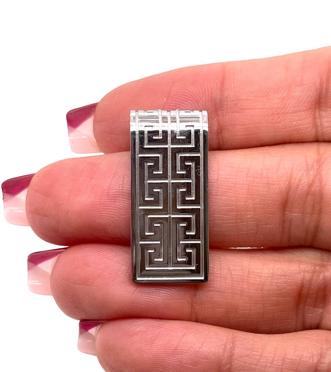 14K Solid White Gold Greek Key Long Bar Pendant 9.8 Grams