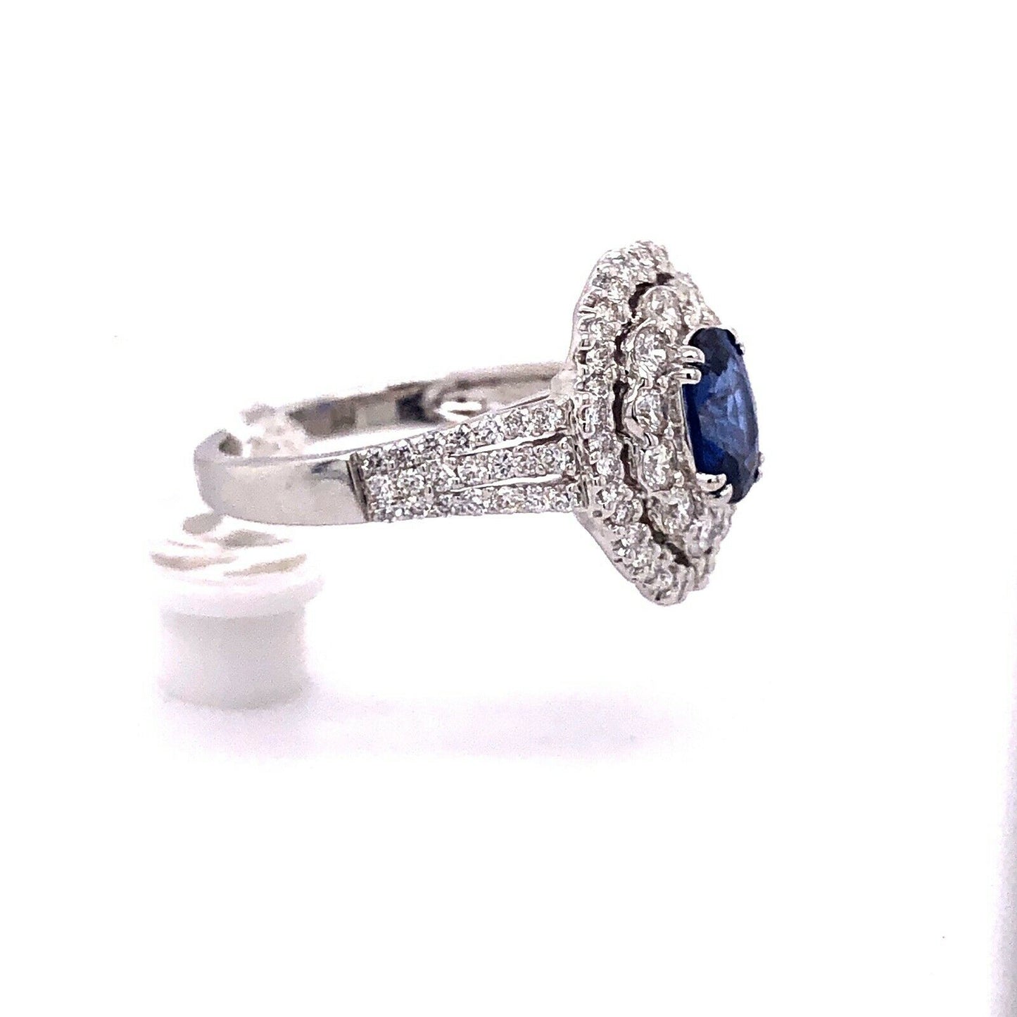 18k White Gold 3.52 TCW Blue Sapphire and Diamond Double Halo Ring VS1-2, G