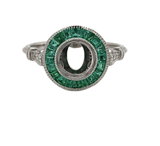 Art Deco 14K White Gold Semi Mount Ring Natural Emerald & Diamond 1 Ct Round