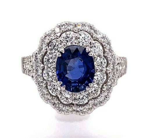 18k White Gold 3.52 TCW Blue Sapphire and Diamond Double Halo Ring VS1-2, G