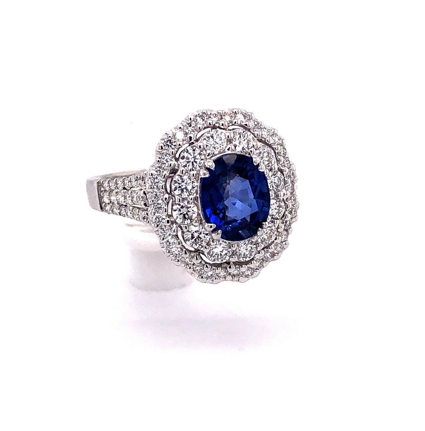 18k White Gold 3.52 TCW Blue Sapphire and Diamond Double Halo Ring VS1-2, G