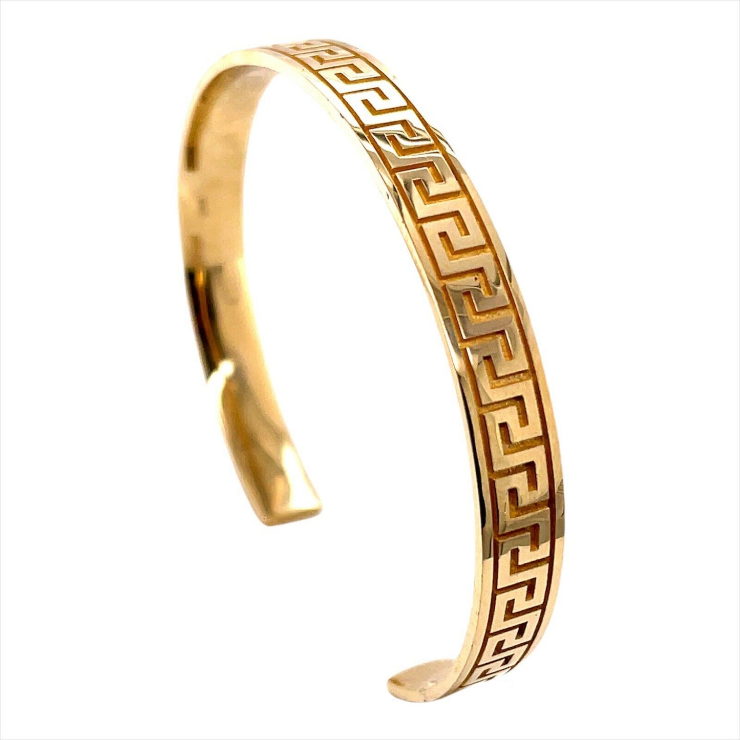 Mens 14K Solid Yellow Gold Greek Key Cuff Bangle Bracelet 22.3 Grams