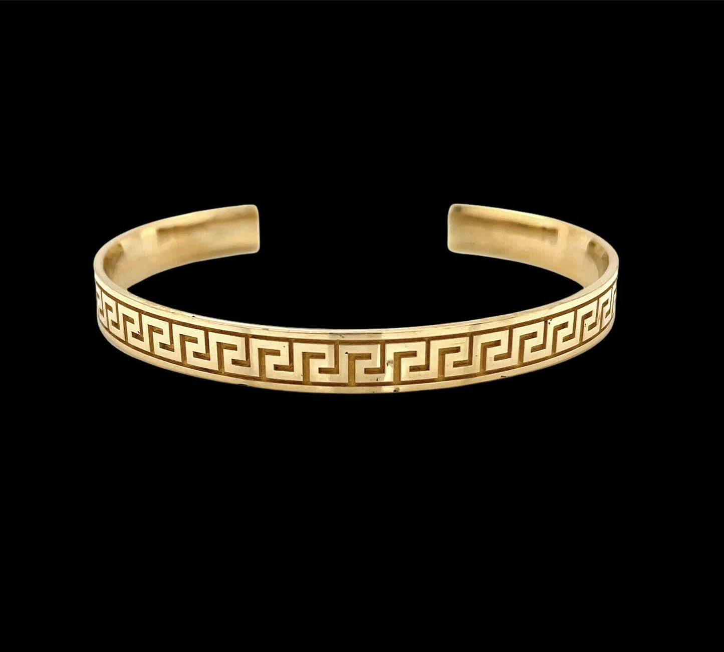 Mens 14K Solid Yellow Gold Greek Key Cuff Bangle Bracelet 22.3 Grams