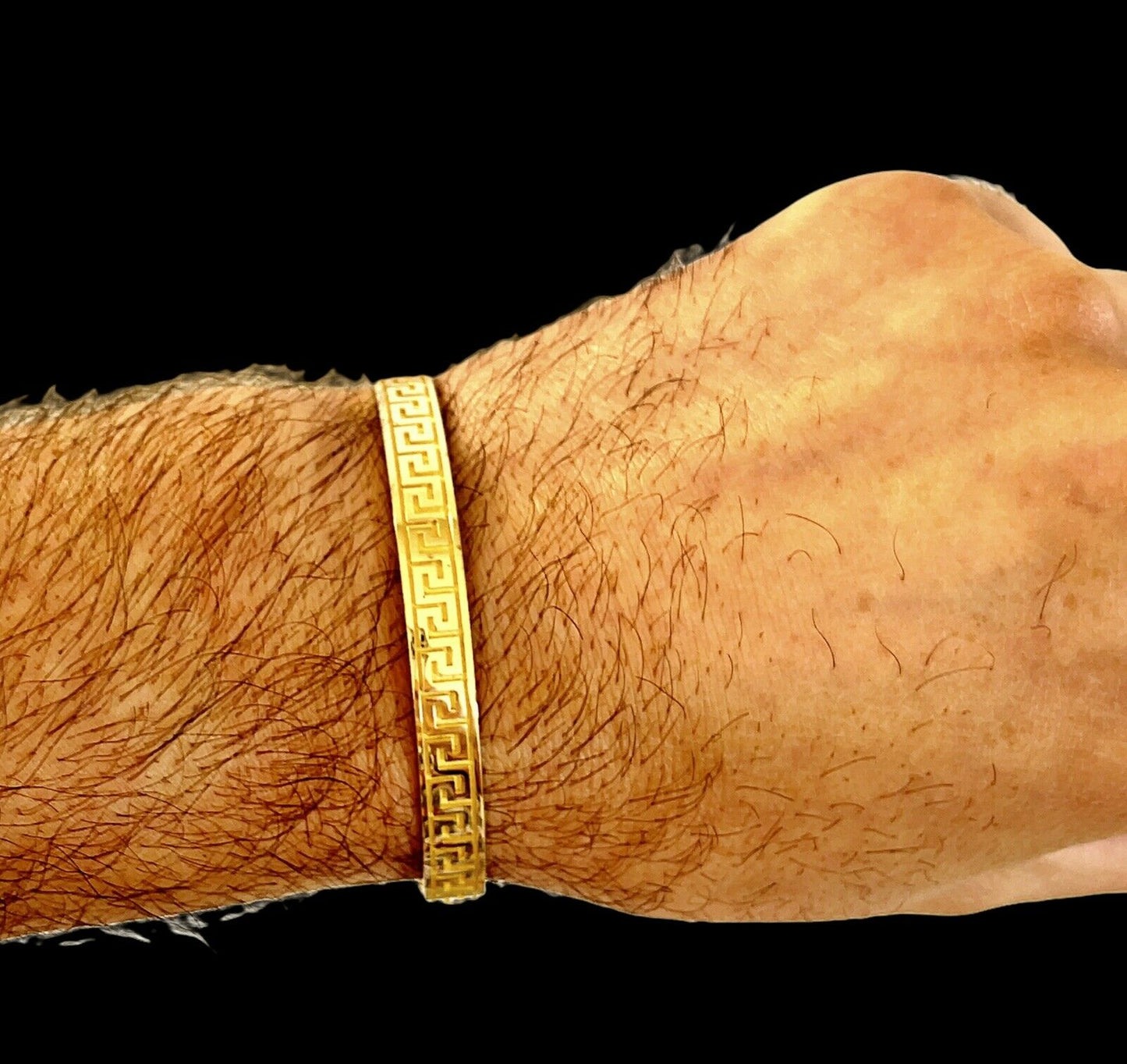 Mens 14K Solid Yellow Gold Greek Key Cuff Bangle Bracelet 22.3 Grams