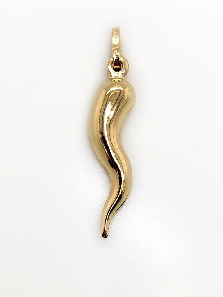 14k Gold Italian Horn Charm Pendant Corno 3D Cornicello Good Luck 1.06"