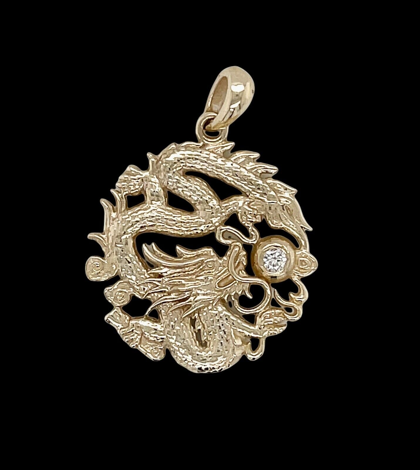 Mens 14K Solid Yellow Gold Natural Diamond Dragon Charm Pendant 0.87"