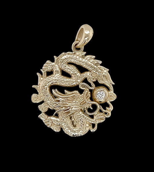 Mens 14K Solid Yellow Gold Natural Diamond Dragon Charm Pendant 0.87"