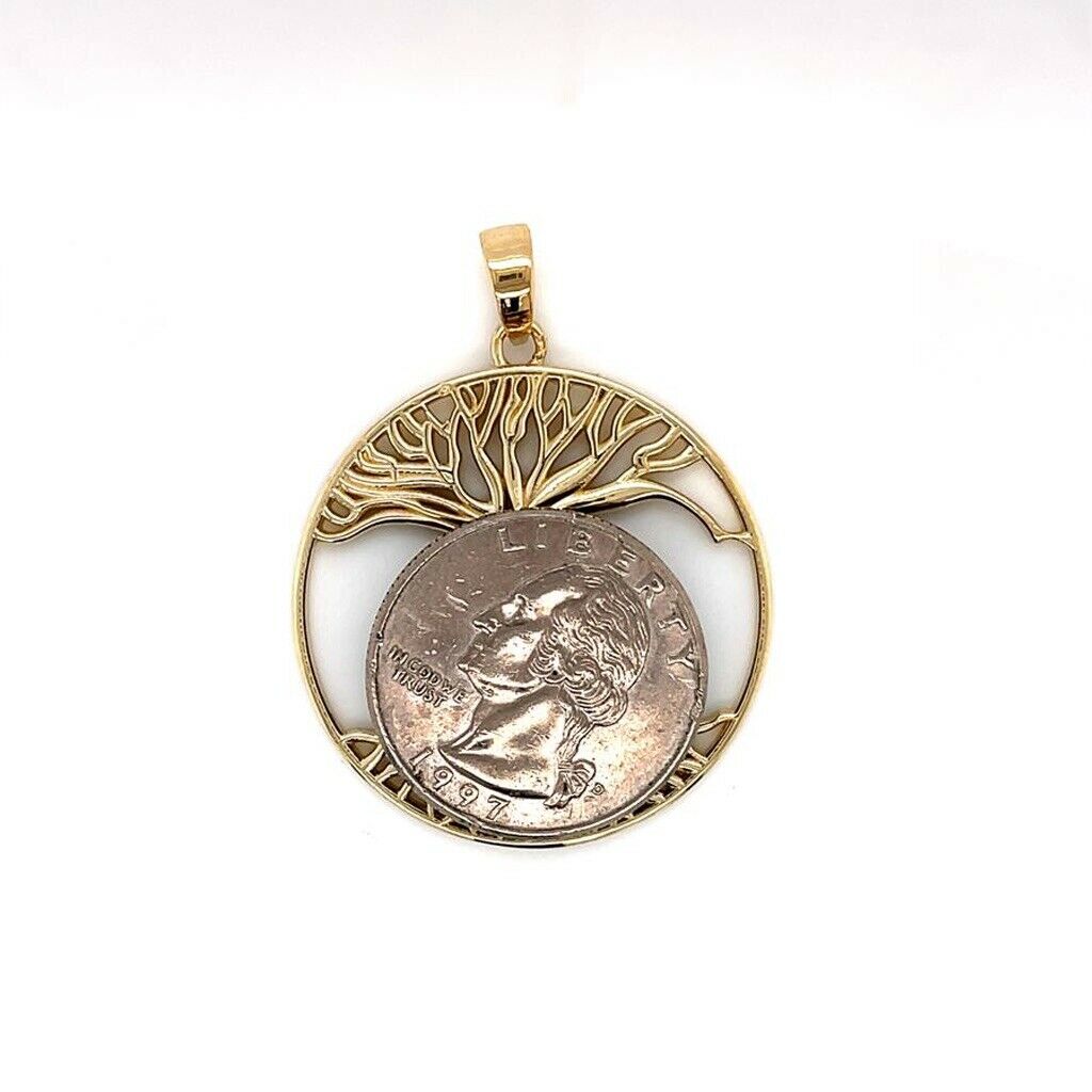 14K Solid Yellow Gold Tree of Life kissing couple Round Pendant