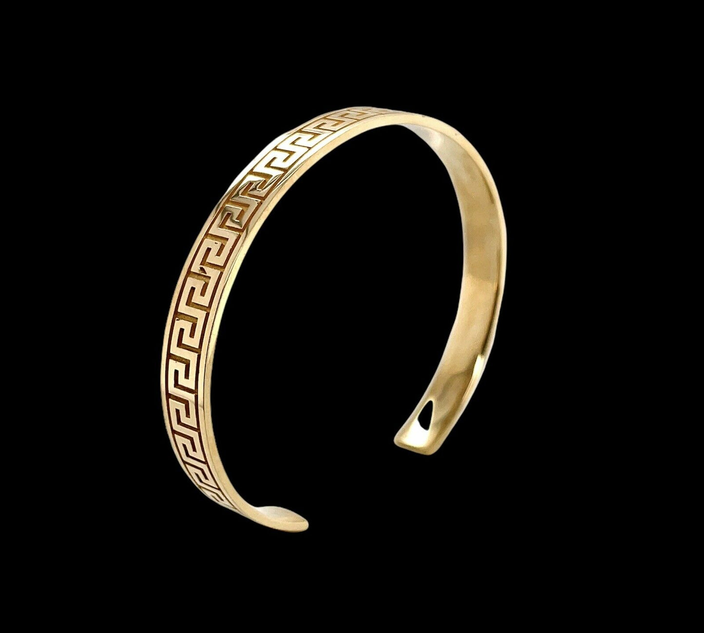 Mens 14K Solid Yellow Gold Greek Key Cuff Bangle Bracelet 22.3 Grams