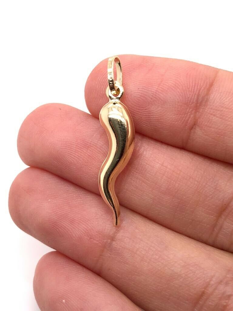 14k Gold Italian Horn Charm Pendant Corno 3D Cornicello Good Luck 1.06"