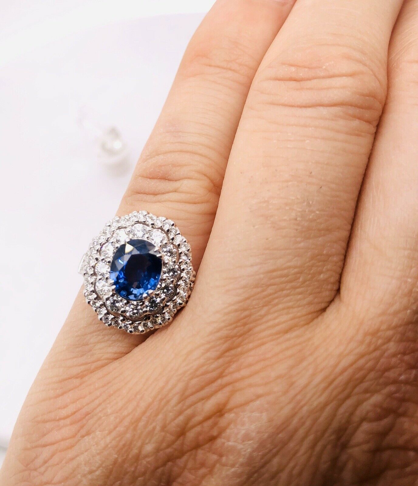 18k White Gold 3.52 TCW Blue Sapphire and Diamond Double Halo Ring VS1-2, G