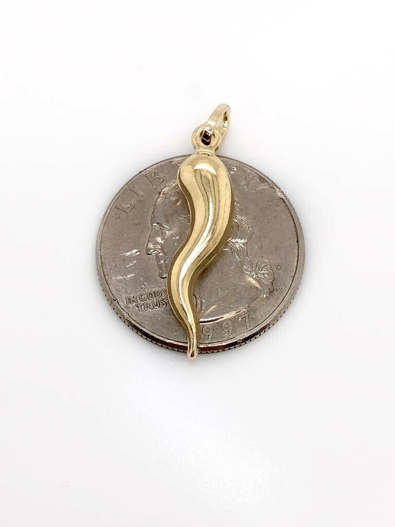 14k Gold Italian Horn Charm Pendant Corno 3D Cornicello Good Luck 1.06"