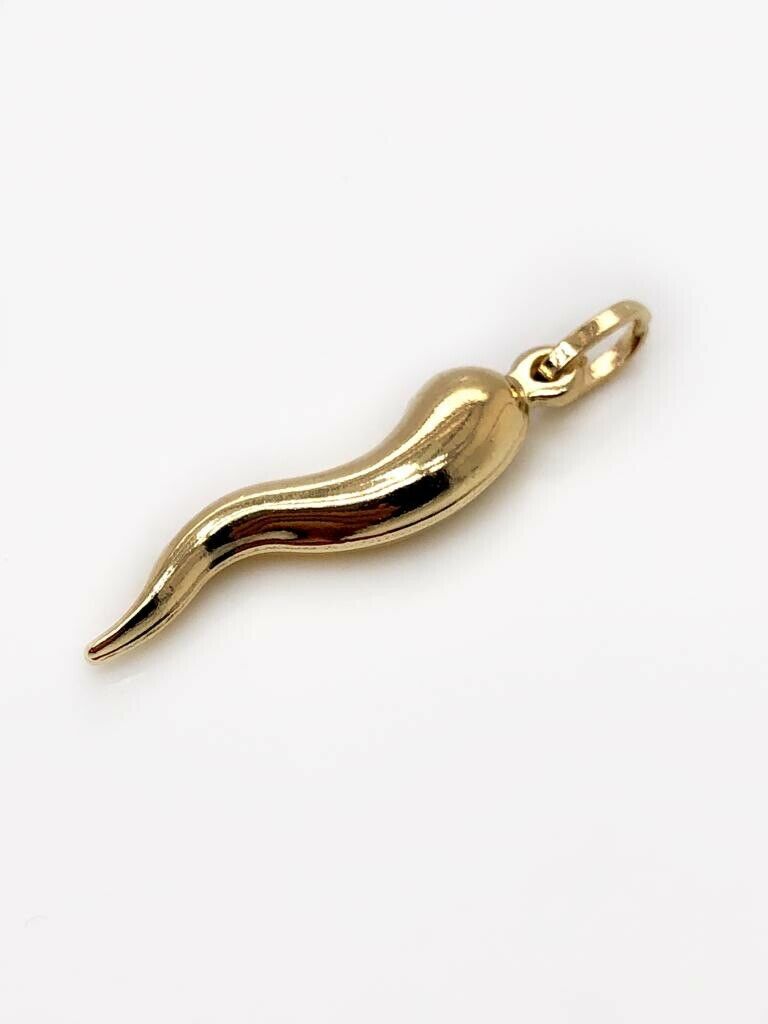 14k Gold Italian Horn Charm Pendant Corno 3D Cornicello Good Luck 1.06"