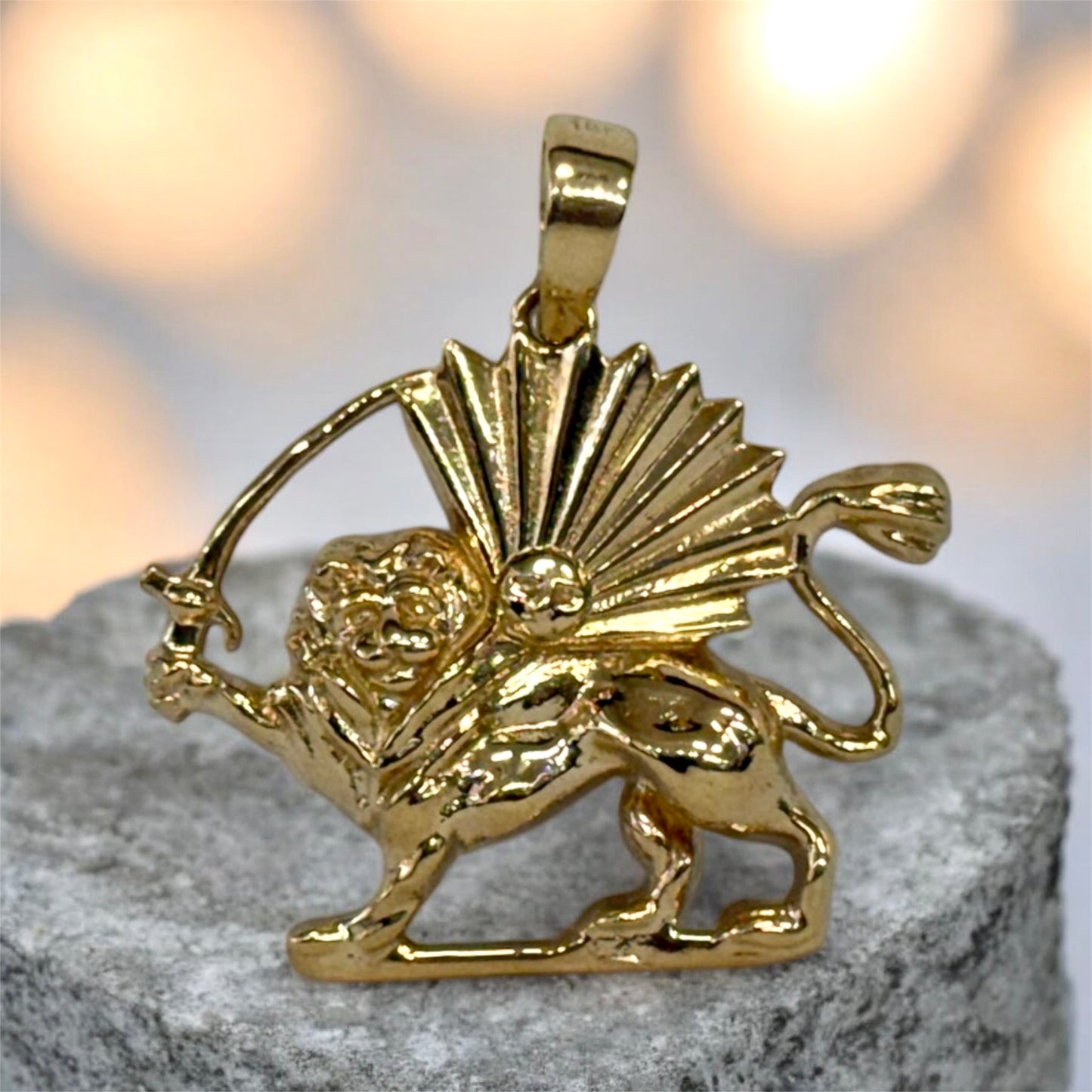 18k solid yellow gold Shir Khorshid Lion & Sun Persian Pahlavi Kingdom pendant High Quality Made in USA