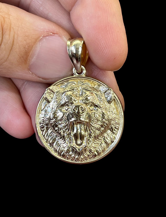 14K Solid Yellow Gold Bear Head Face Pendant Charm Medallion 13.6 Grams 1.25"