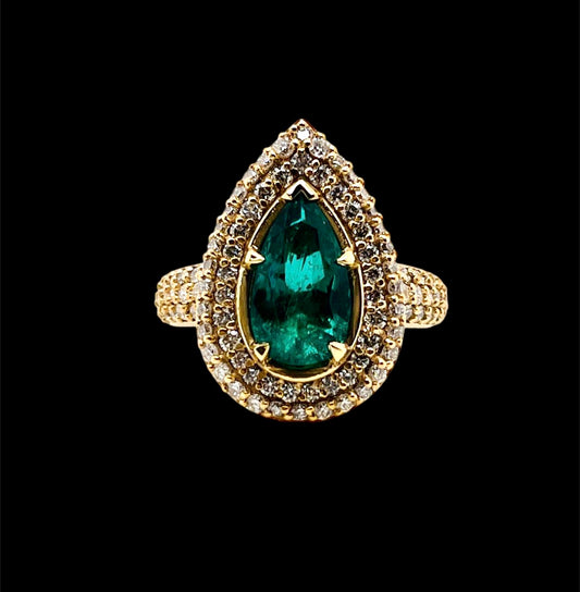 GIA Certified 3.24 tcw Natural Pear Colombian Emerald and Diamond 18k Gold Ring