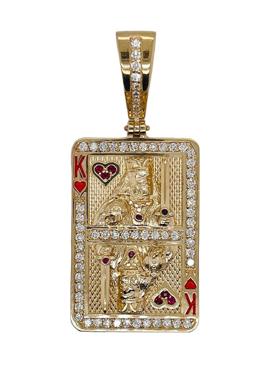 14K Solid Yellow Gold 1.58 Ct Diamond & Ruby King of Heart Playing Card Pendant