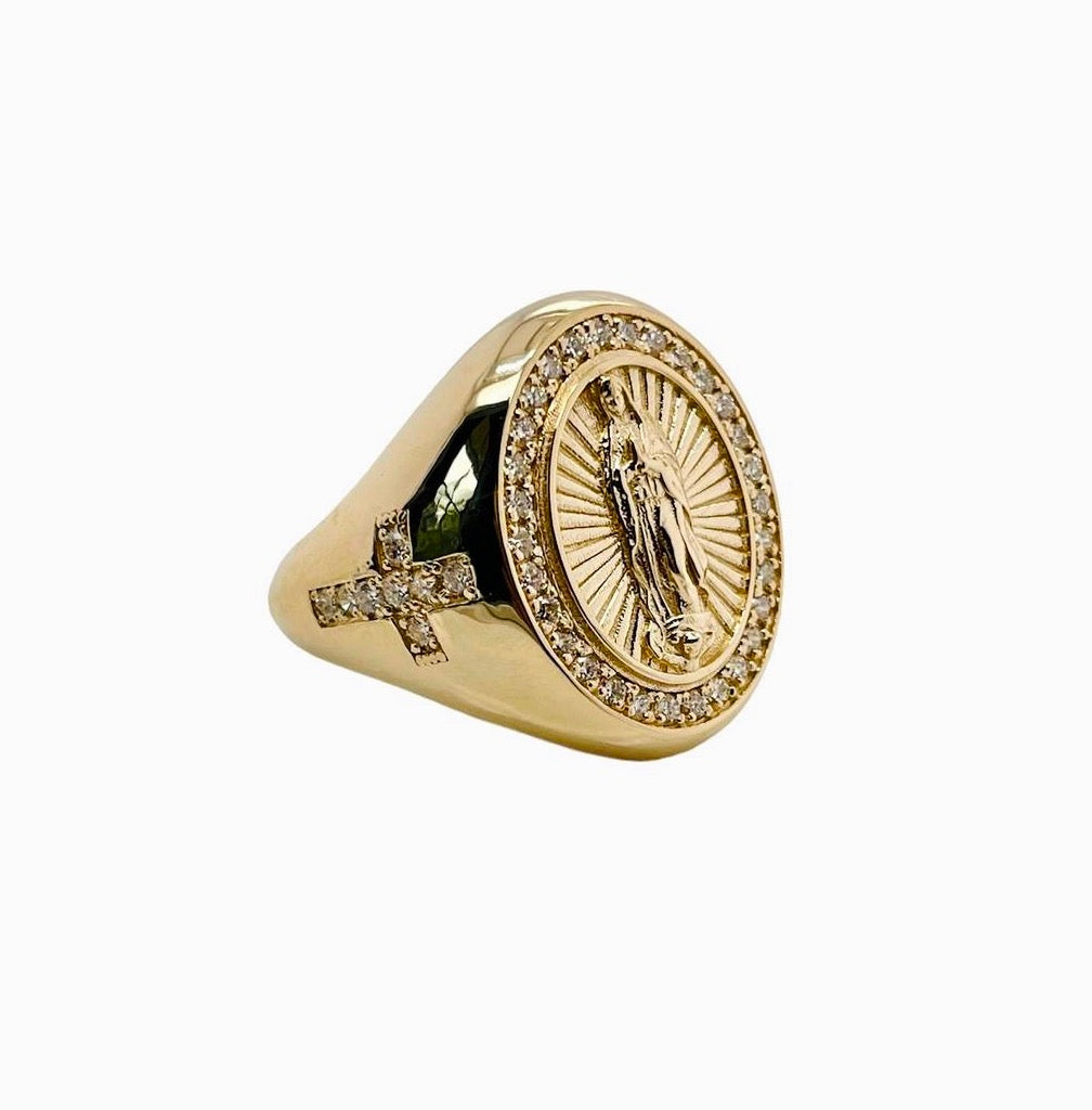 Mens 14k Solid Yellow Gold 0.75 Ct Natural Round Diamond Virgin Mary Ring 13.1Gr