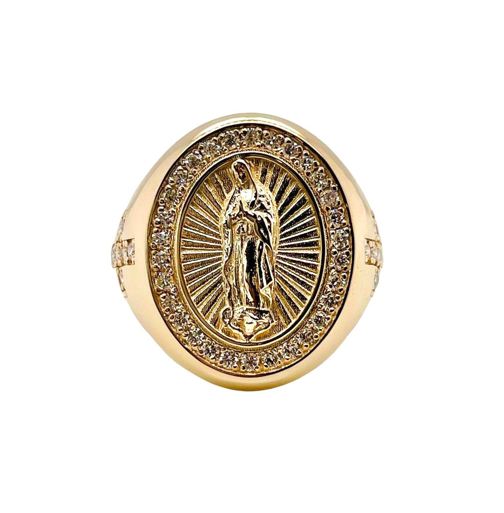 Mens 14k Solid Yellow Gold 0.75 Ct Natural Round Diamond Virgin Mary Ring 13.1Gr