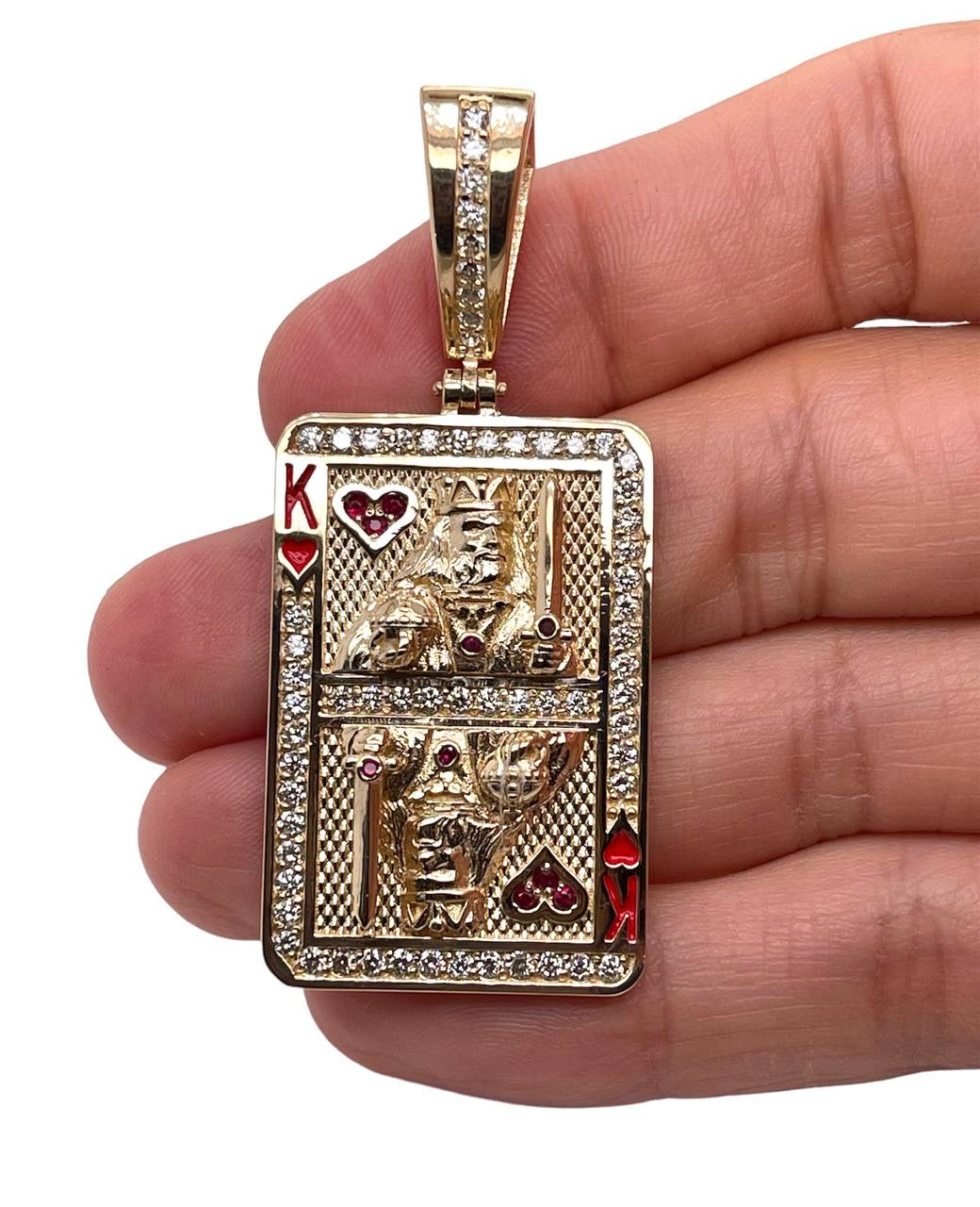 14K Solid Yellow Gold 1.58 Ct Diamond & Ruby King of Heart Playing Card Pendant