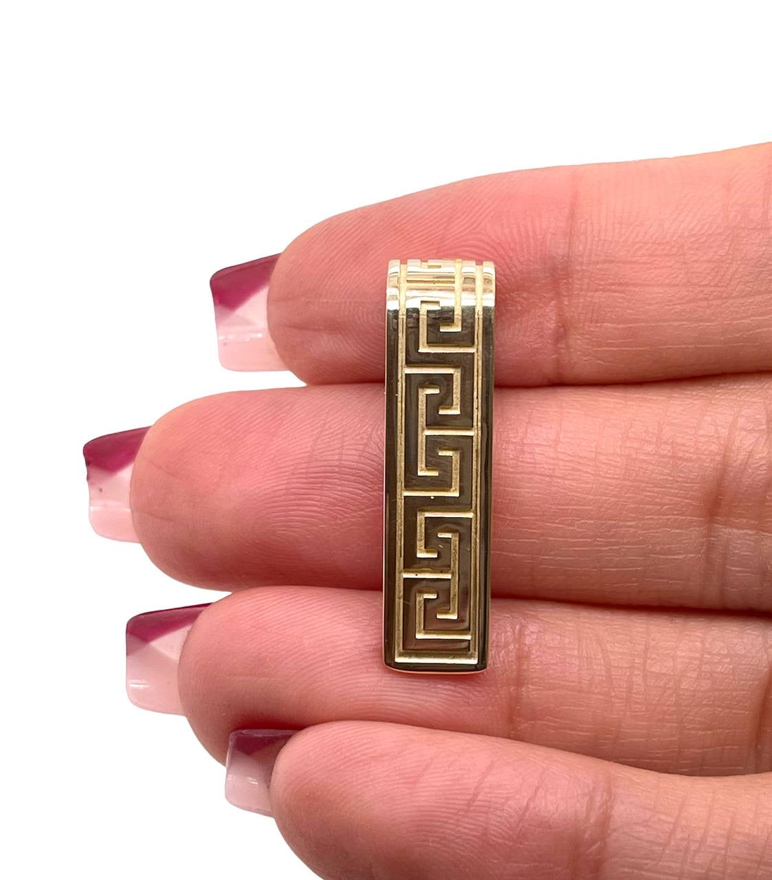 14K Solid Yellow Gold Greek Key Long Bar Pendant 5.7 Grams