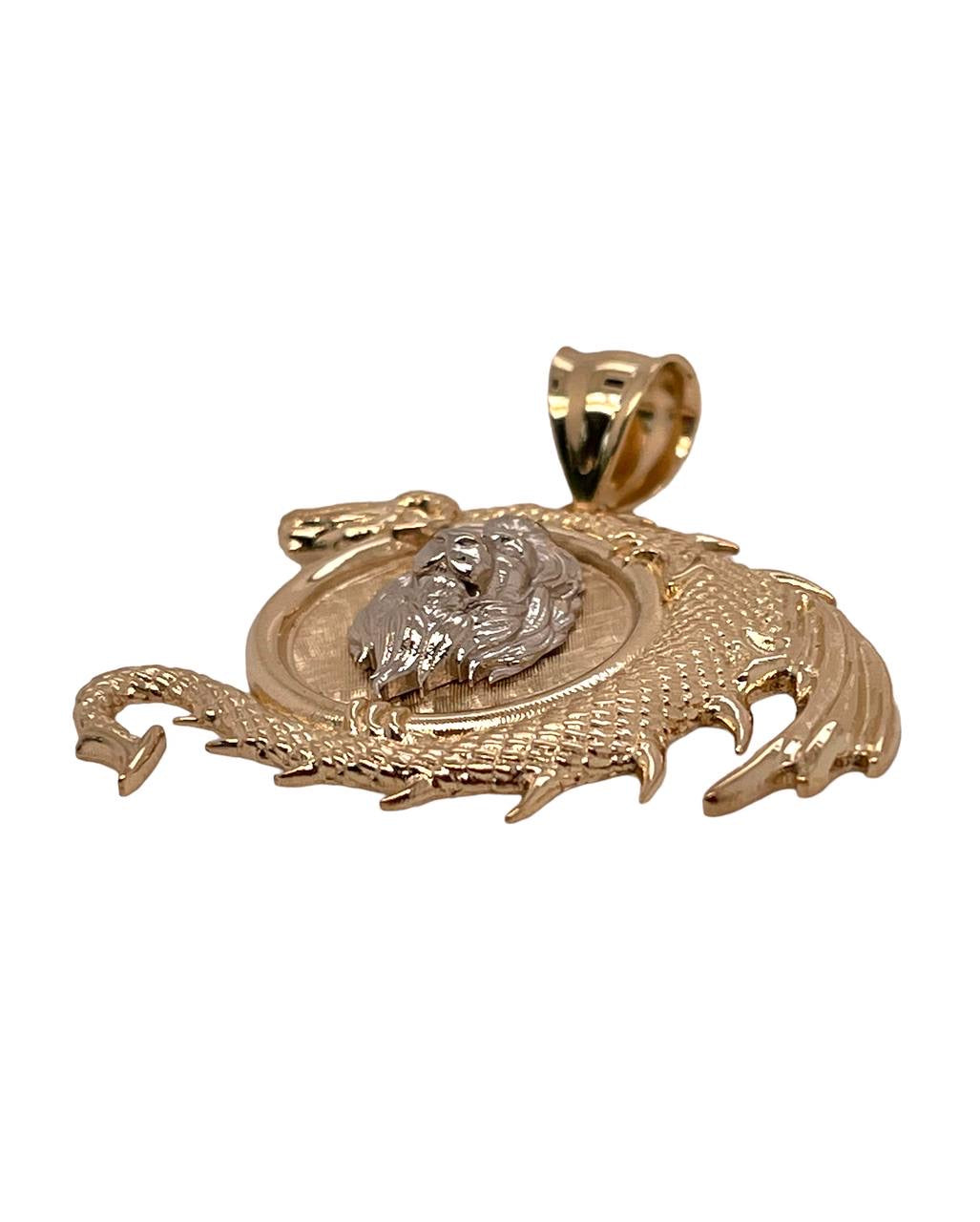 14K Solid Yellow And White Gold Dragon and Lion Mens Pendant 12 Grams