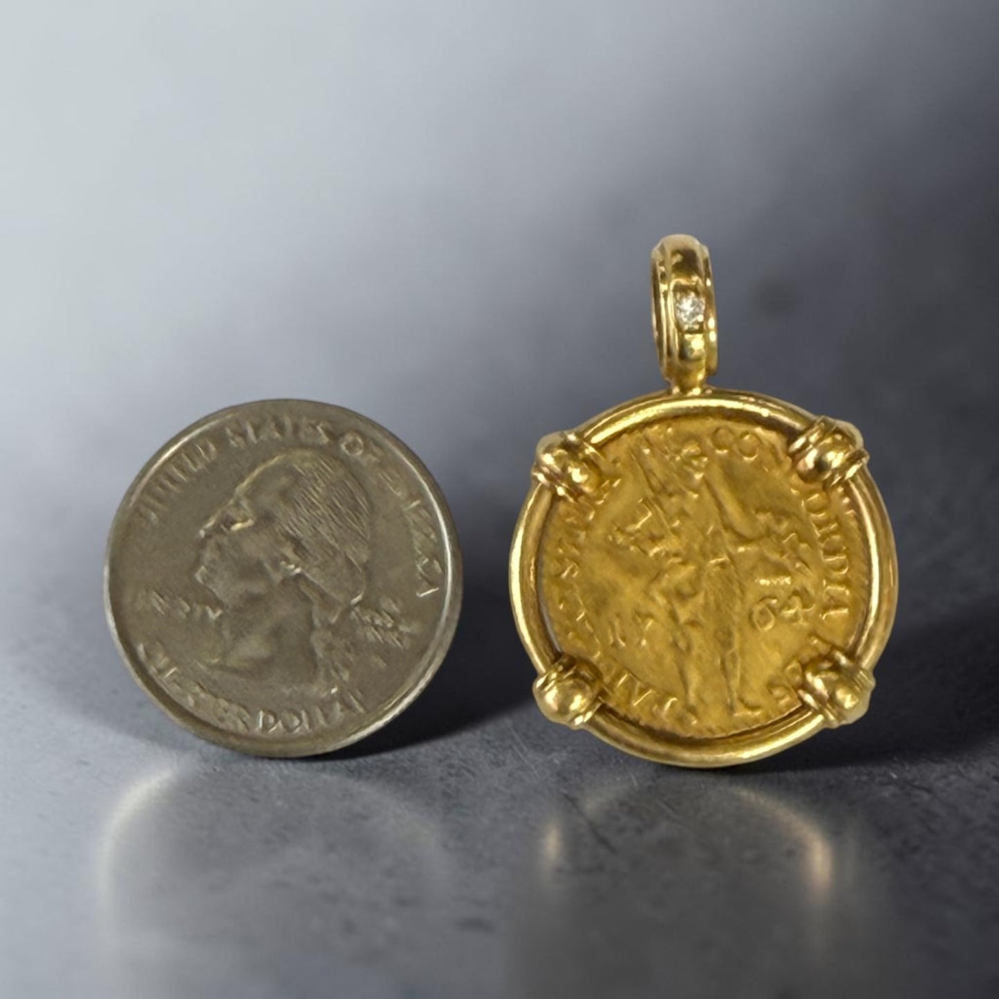 1764 Dutch Gold Ducat Pendant in 18K Gold Bezel with Natural Diamond Bail