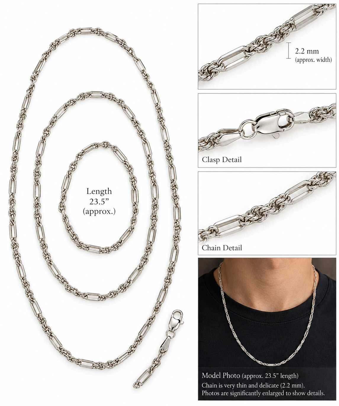 18K White Gold Solid Milano Rope Chain Necklace 23.5" 2.2mm 12.5g