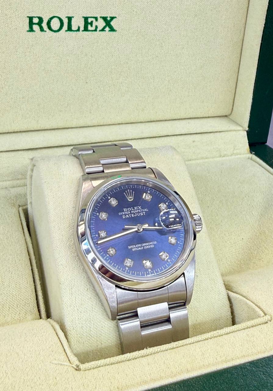 Rolex Datejust 16200 Blue Diamond Dial 36mm Steel Quickset Watch Oyster Band