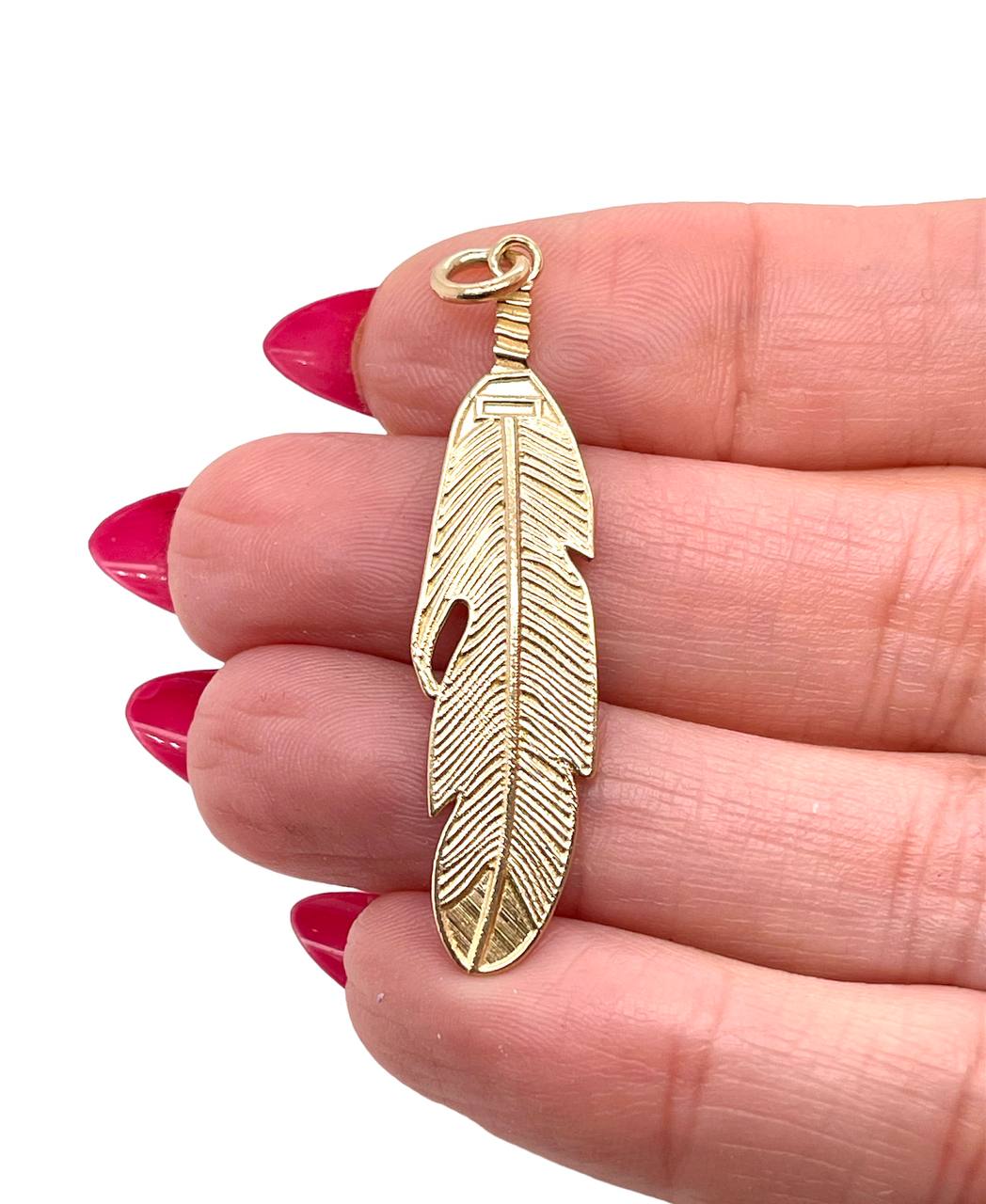 14K Solid Yellow Gold Feather Charm Pendant 1.81 in