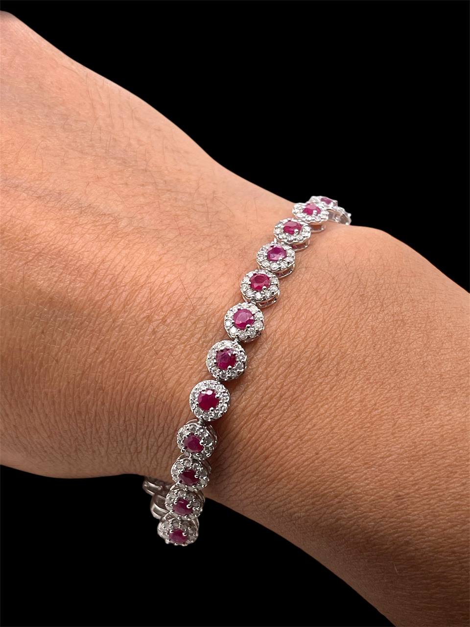 14K White Gold Natural Diamond and Ruby Cluster Tennis Bracelet 14.6 Grams 7.5"