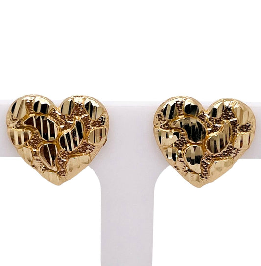 14k Solid Yellow Gold Diamond Cut Nugget Heart Stud Earrings Push Back 14 MM
