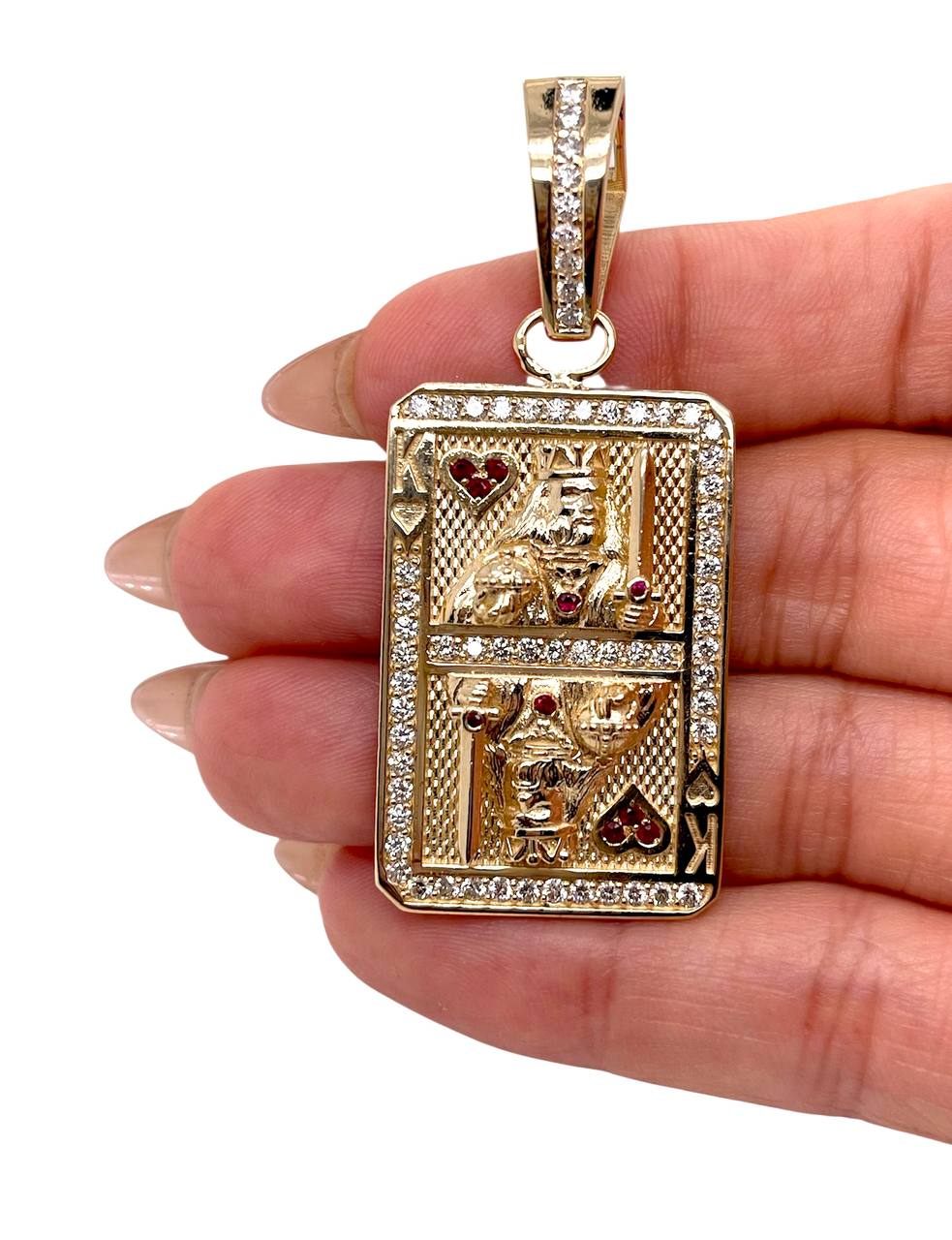 14K Solid Yellow Gold 1.58 Ct Diamond & Ruby King of Heart Playing Card Pendant