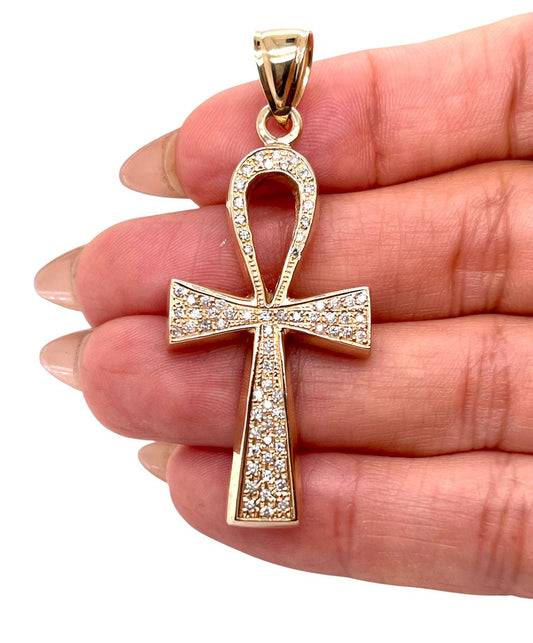 14K Solid Yellow Gold 0.75 Ct Natural Diamond Ankh Cross Pendant