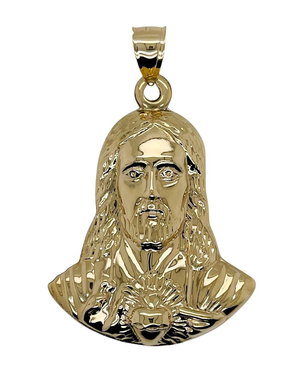 14K Yellow Gold Jesus Head Face Pendant 2 inches 11 grams Sagrado Corazón de Jesús