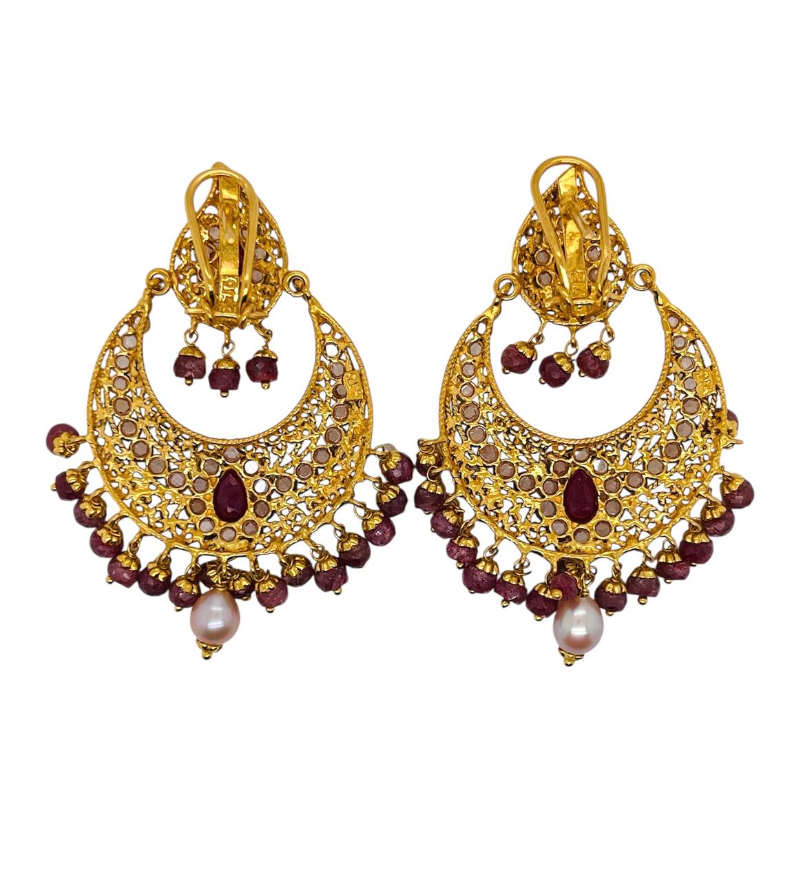 22K Yellow Gold Indian Ethnic Style Drop Dangle Earrings Natural Ruby And White Sapphire 25.8 Grams
